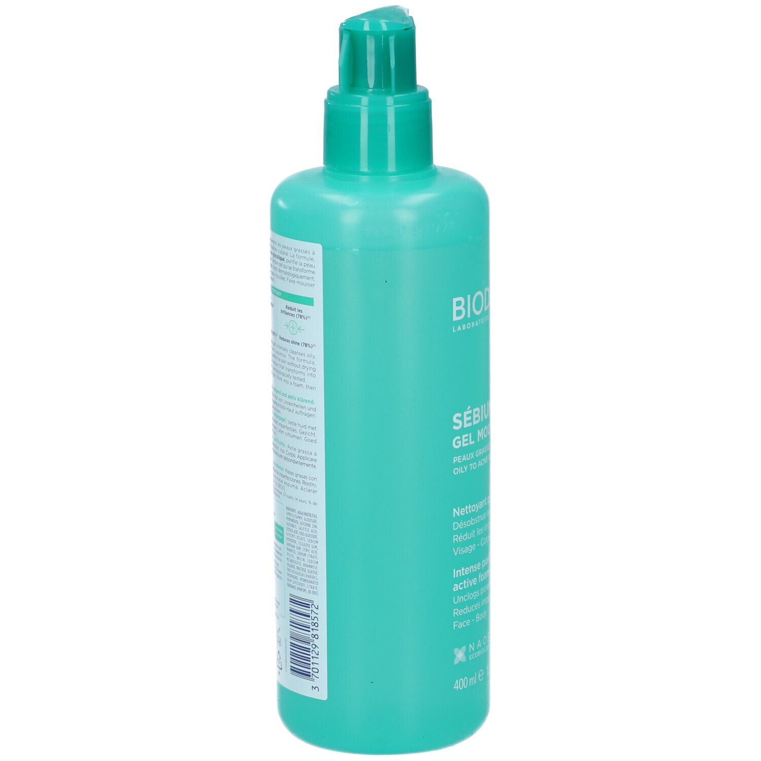 Flacone turchese con dispenser a pompa, BIODERMA SÉBIUM Gel Nettoyant, 400ml.