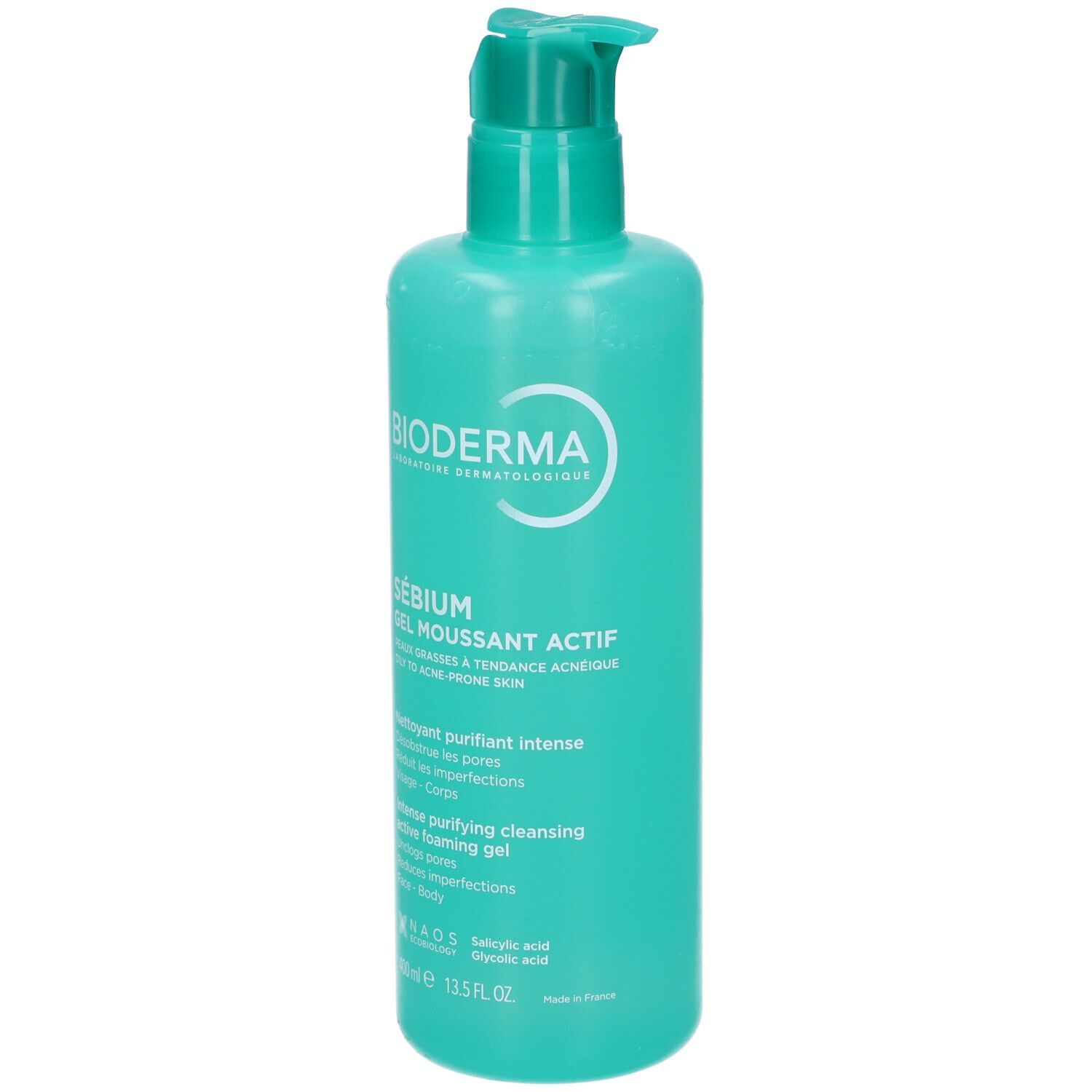 Flacone turchese con dispenser a pompa, Bioderma Sébium Gel Moussant Actif, 500ml.