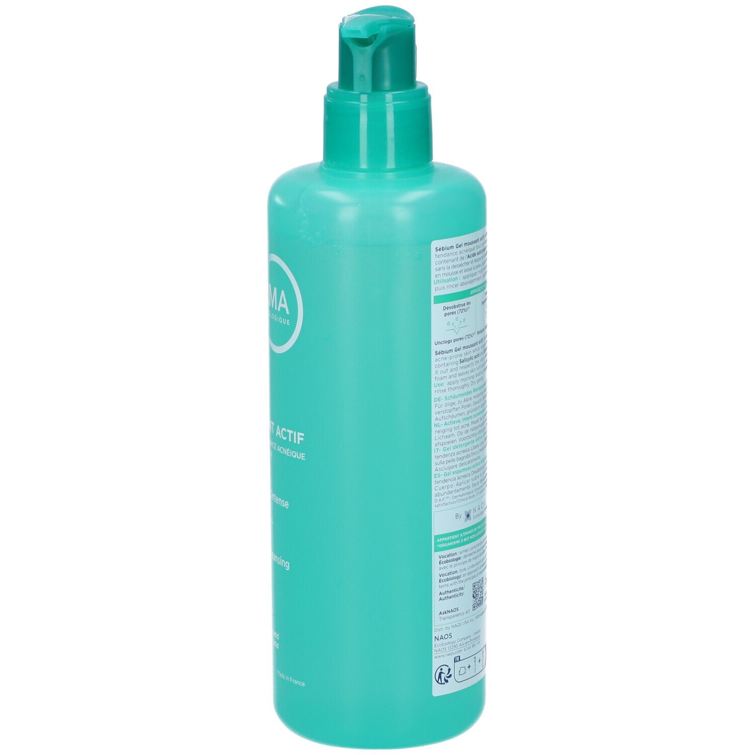 Flacone turchese con dispenser a pompa, etichettato 'ACTIF'.