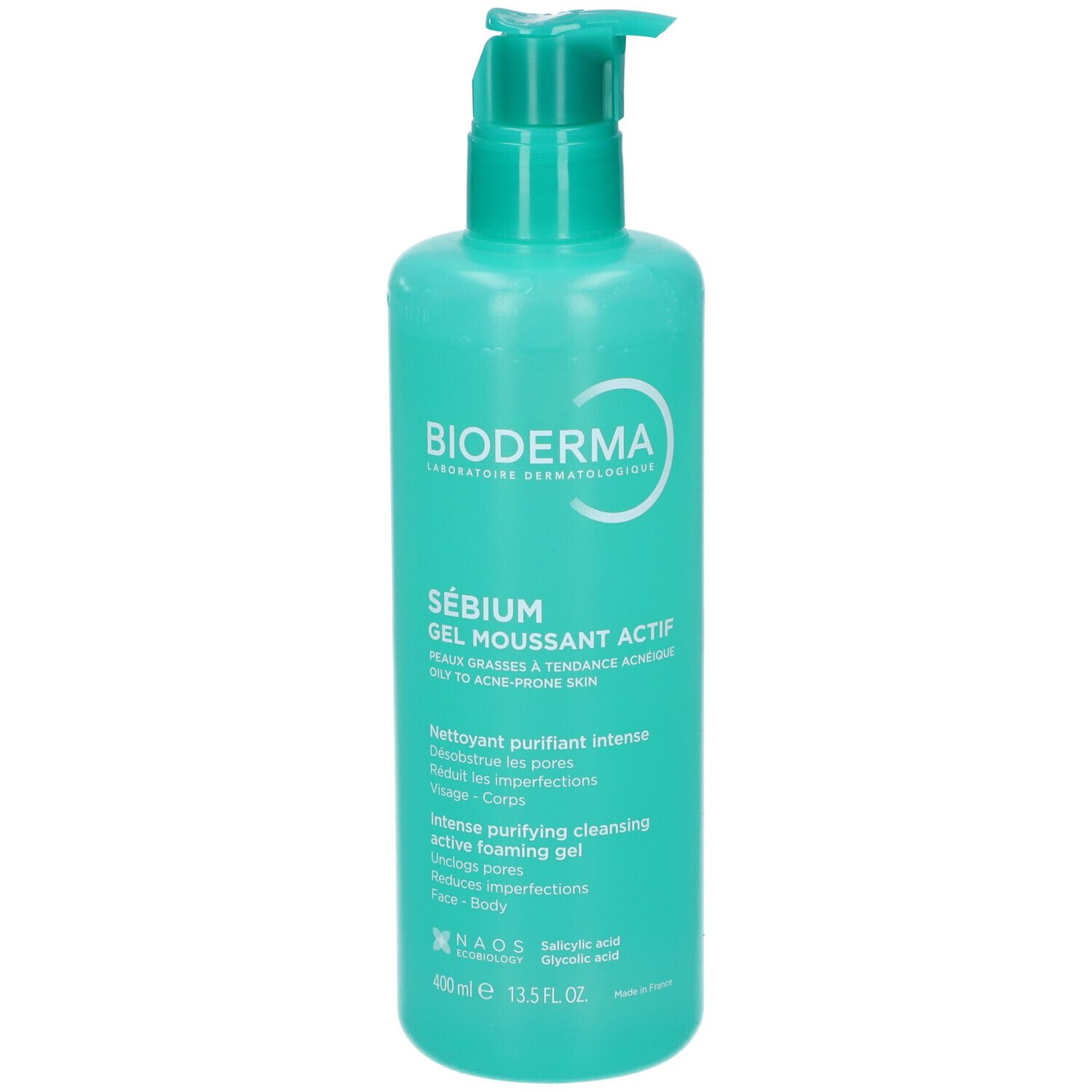 Dispenser con pompa turchese Bioderma Sebium Gel Moussant Actif, 400ml.