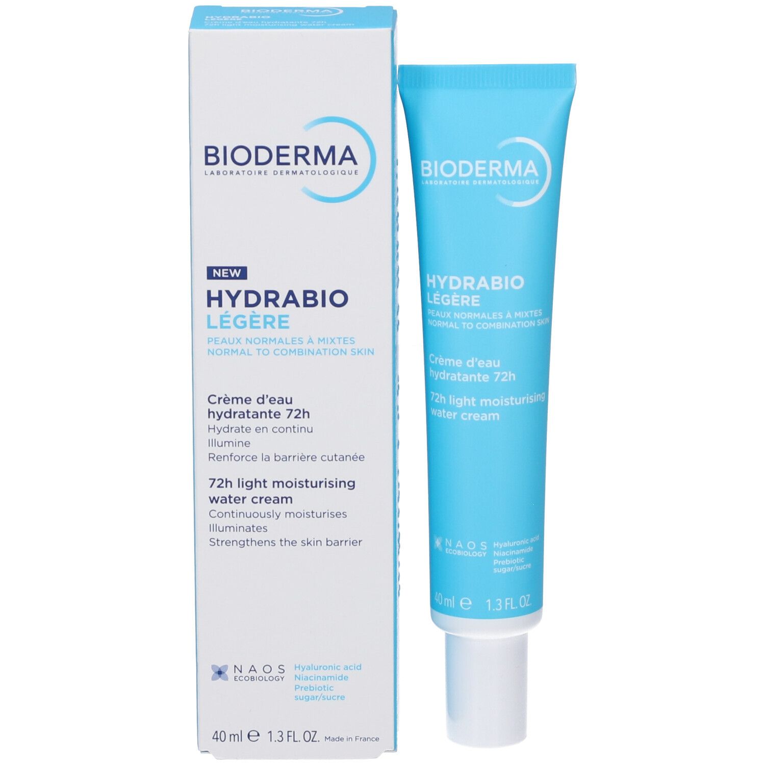 Tubo e scatola azzurri chiari. Scritta: Bioderma, Hydrabio Légère, Crème d'eau hydratante 72h. 40ml.