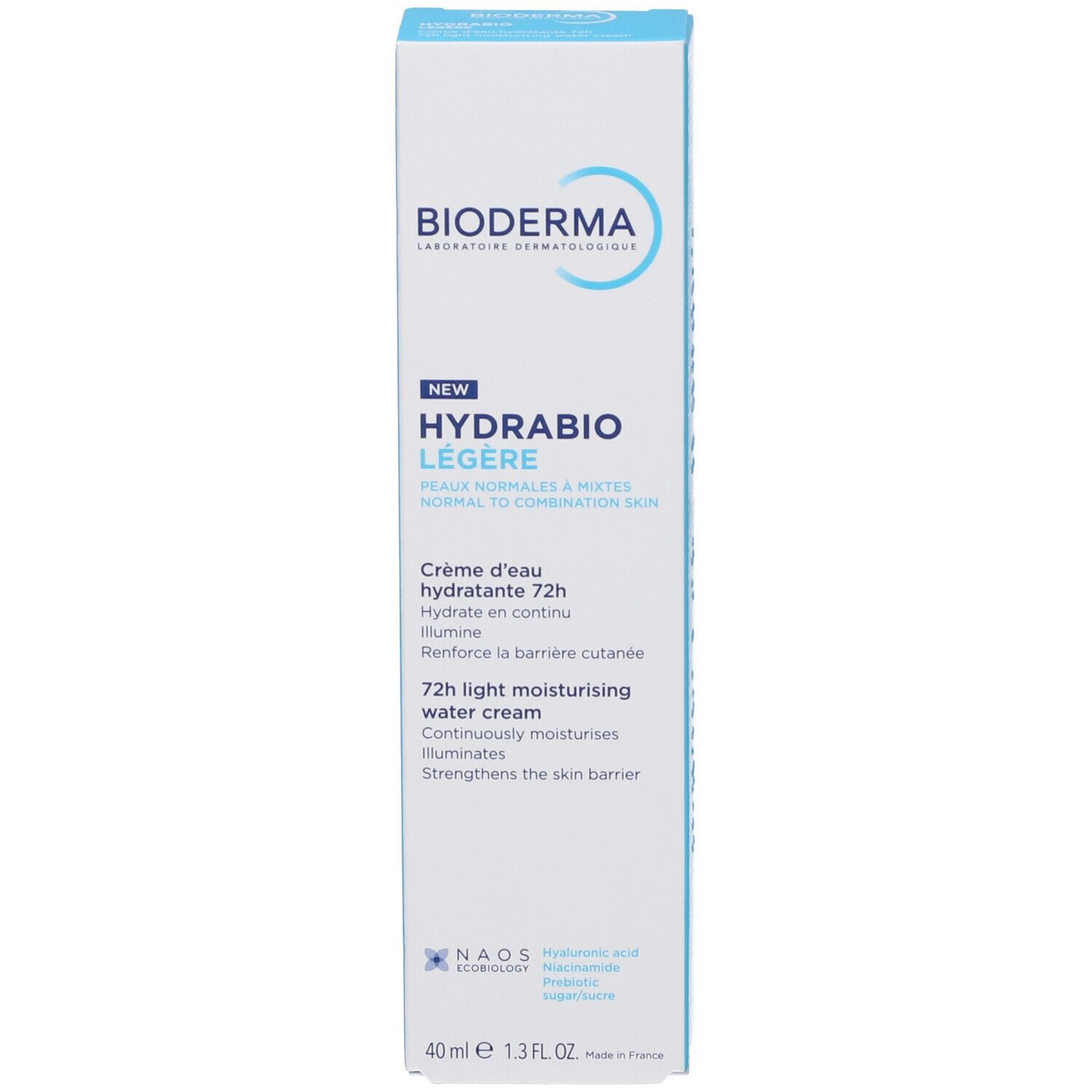 Scatola bianca con testo azzurro chiaro. Scritta: Bioderma, Hydrabio Légère, Crème d'eau hydratante 72h. 40ml.