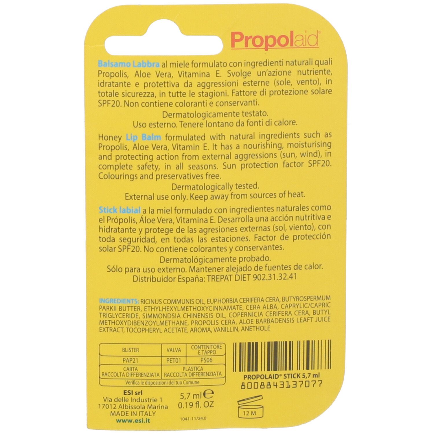 Retro del blister. Testo multilingue. Contiene informazioni sul prodotto e sugli ingredienti.