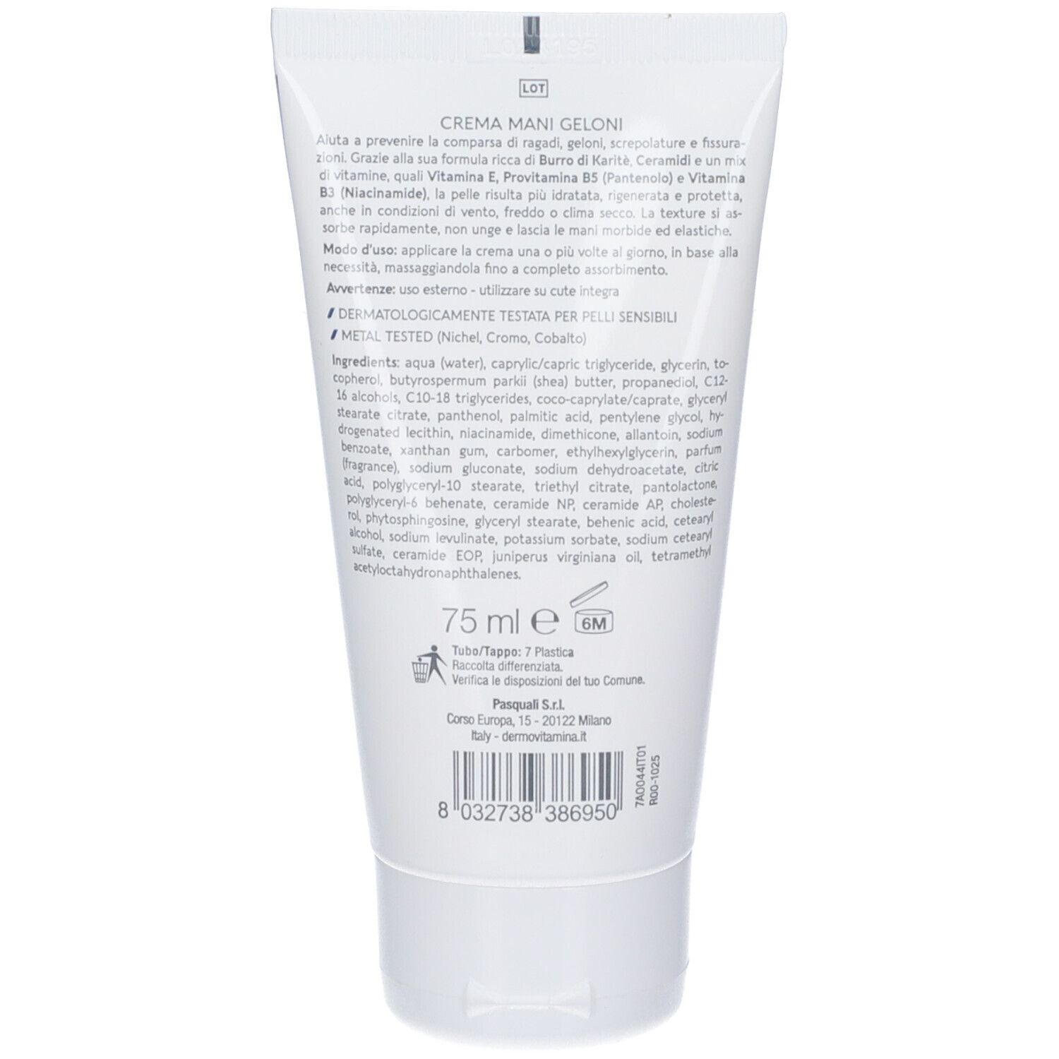 Retro del tubo Dermovitamina Ragadi Crema Mani Geloni. 75 ml. Dermatologicamente testato per pelli sensibili.