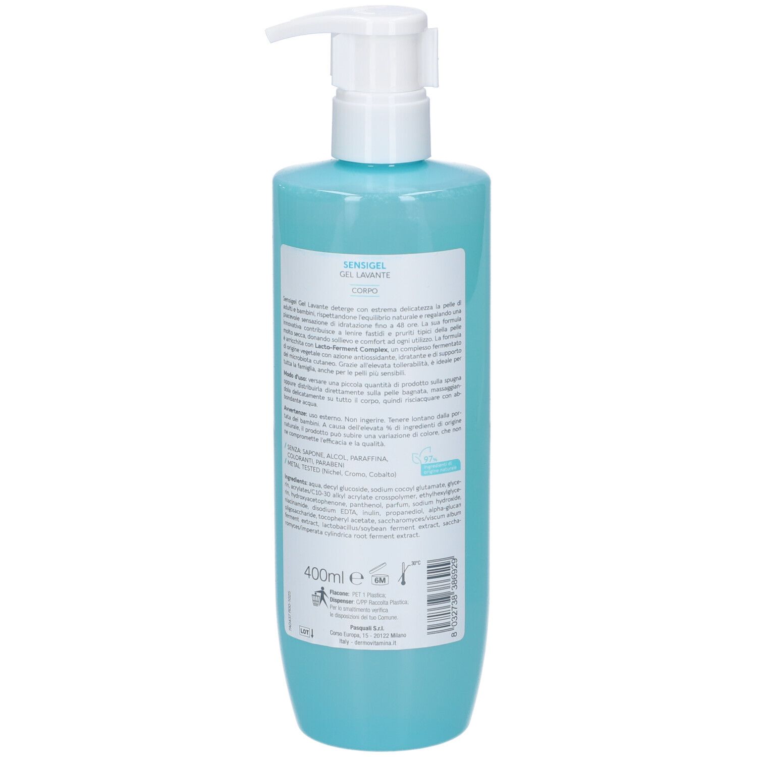 Retro del flacone azzurro chiaro con dosatore bianco. Etichetta con testo e codice a barre. Contiene 400ml.