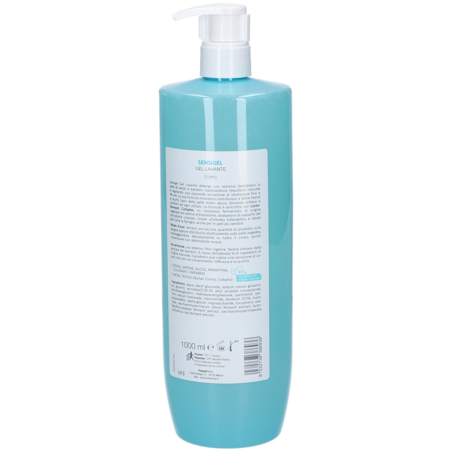 Retro della bottiglia di gel azzurro con dosatore bianco. Etichetta con informazioni sul prodotto e ingredienti.