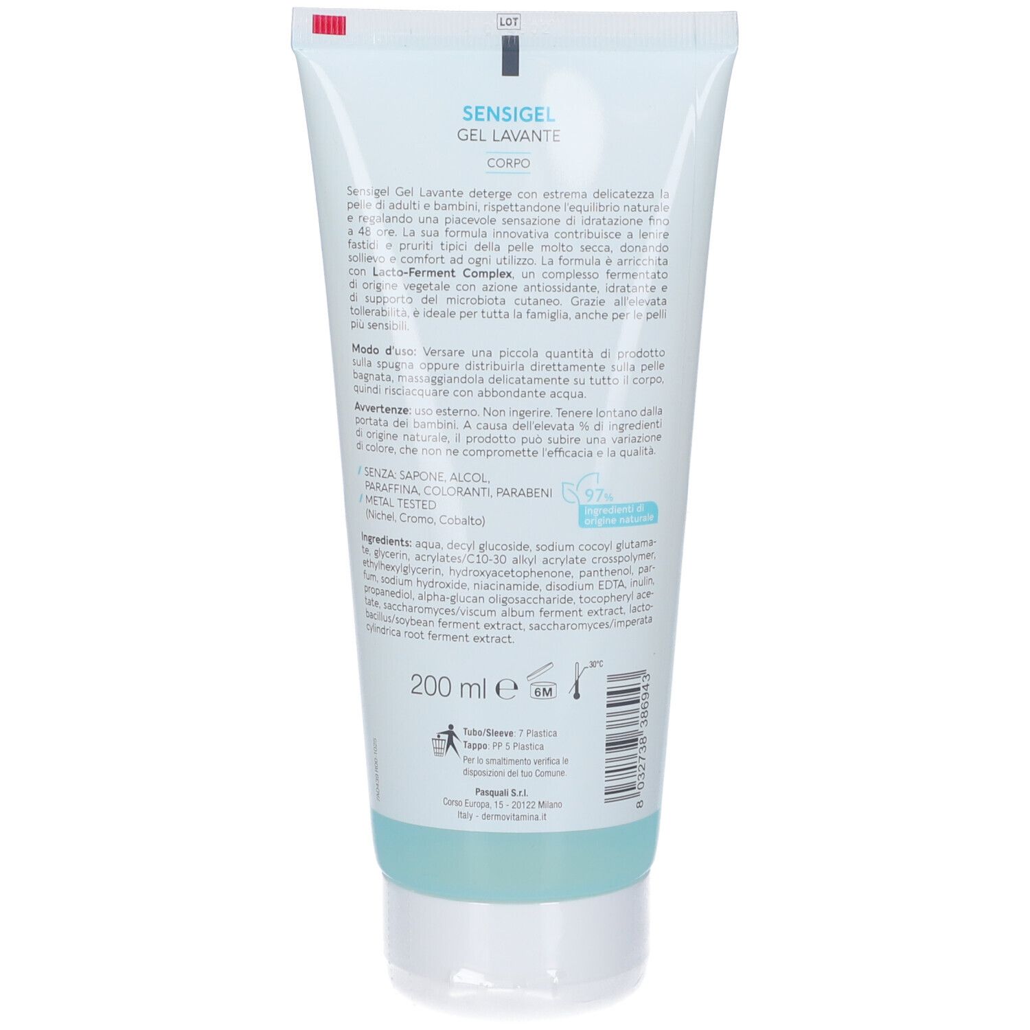 Retro del tubo Dermovitamina Calmilene Sensigel Gel Lavante. Testo e ingredienti. Volume: 200 ml. Design bianco-azzurro.
