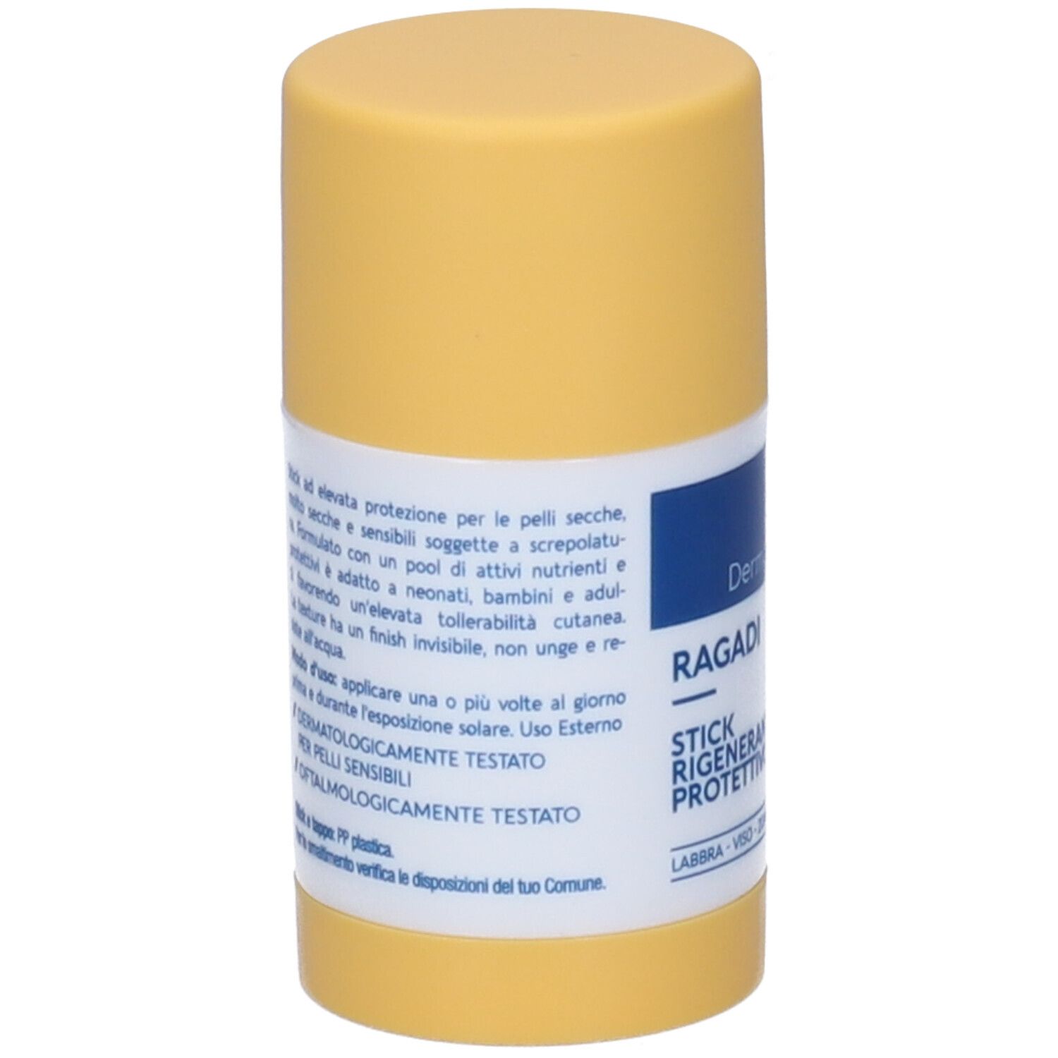 Stick giallo con etichetta bianca. Testo: Dermovitamina Ragadi Stick. Dermatologicamente e oftalmologicamente testato. Per pelli sensibili.