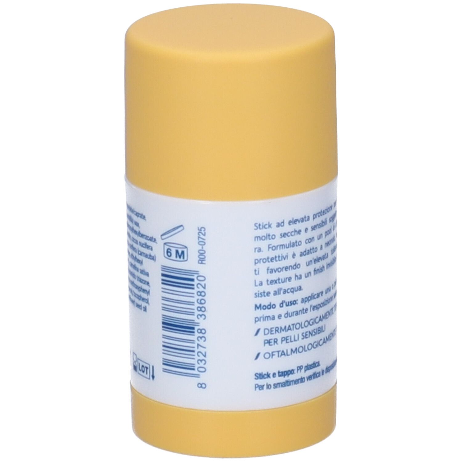 Stick giallo con etichetta bianca. Codice a barre e testo. Simbolo 6M. Testo: Dermatologicamente testato. Per pelli sensibili. Ingredienti.