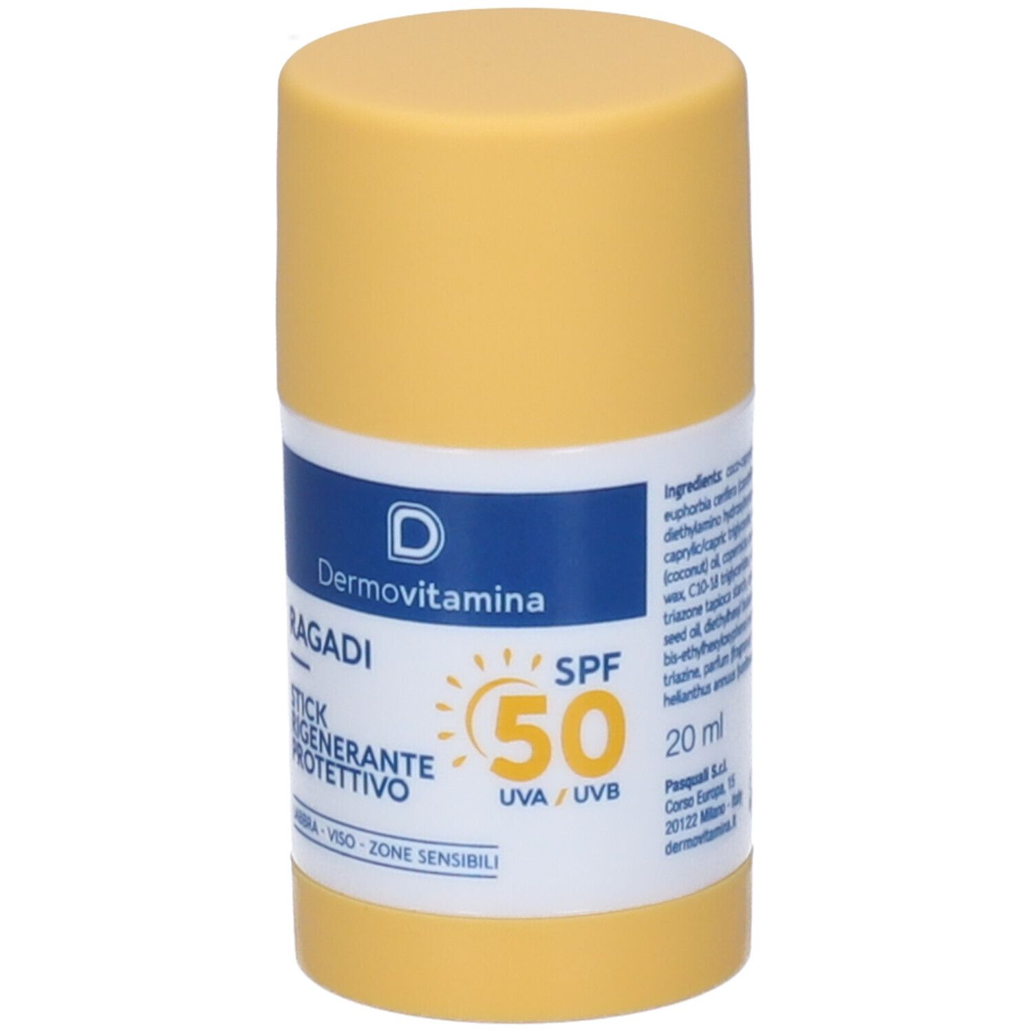 Stick giallo con etichetta bianca. Scritta: Dermovitamina Ragadi Stick SPF 50. Simbolo sole. 20 ml. Per labbra, viso e zone sensibili.