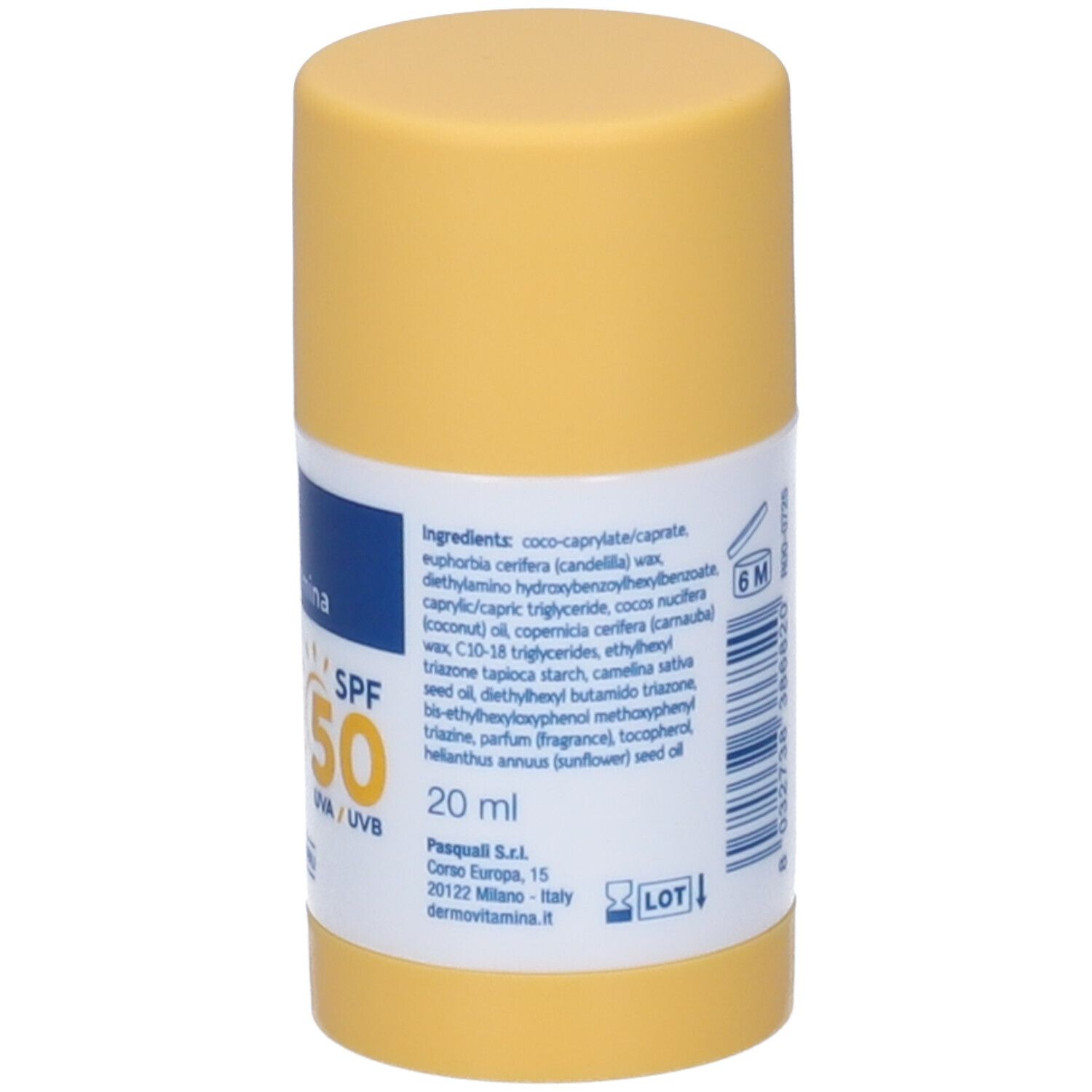 Stick giallo con etichetta bianca. Ingredienti. 20 ml. Testo: Dermovitamina Ragadi Stick SPF 50. Simbolo sole. Simbolo 6M.