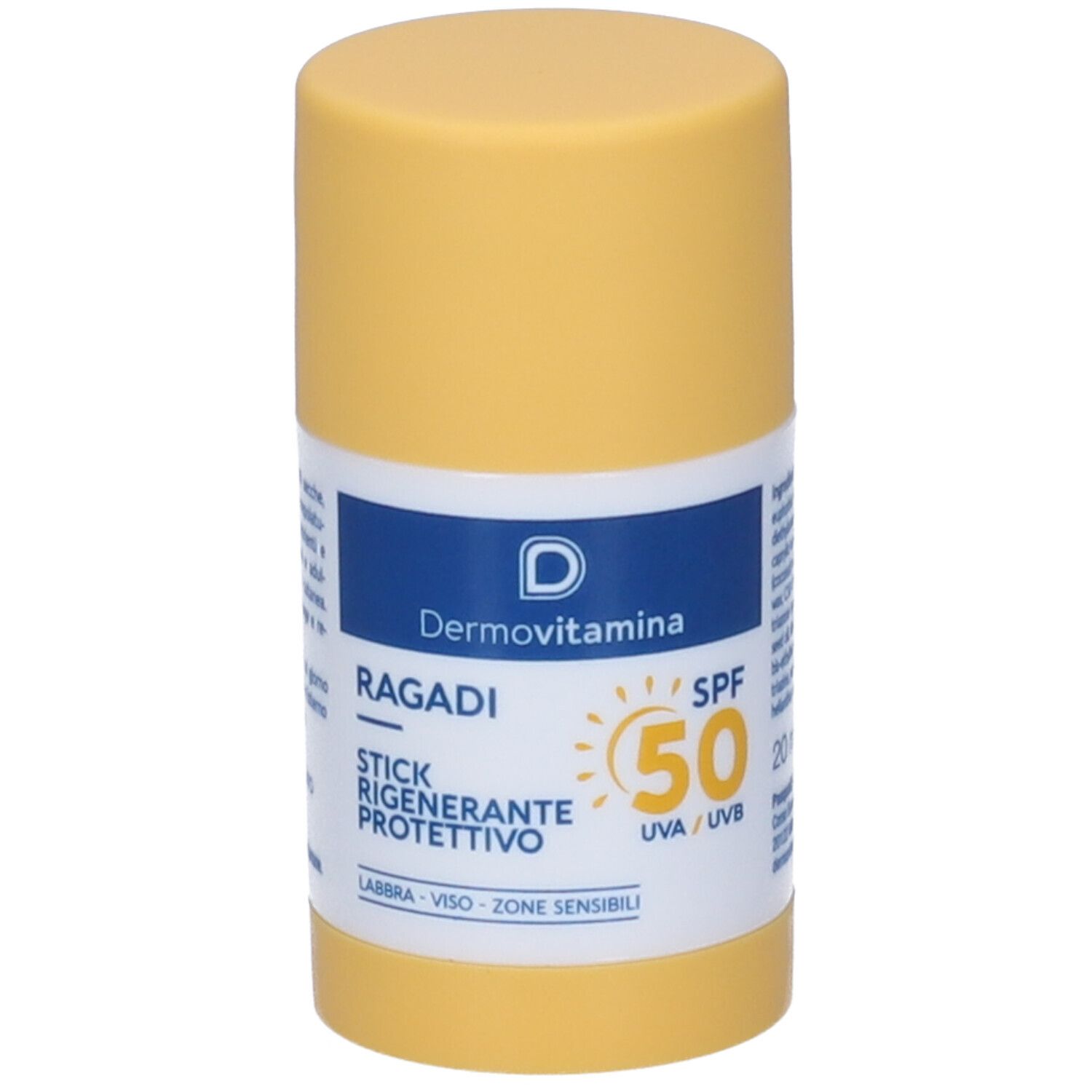 Stick giallo con etichetta bianca. Scritta: Dermovitamina Ragadi Stick SPF 50. Simbolo sole. 20 ml. Per labbra, viso e zone sensibili.