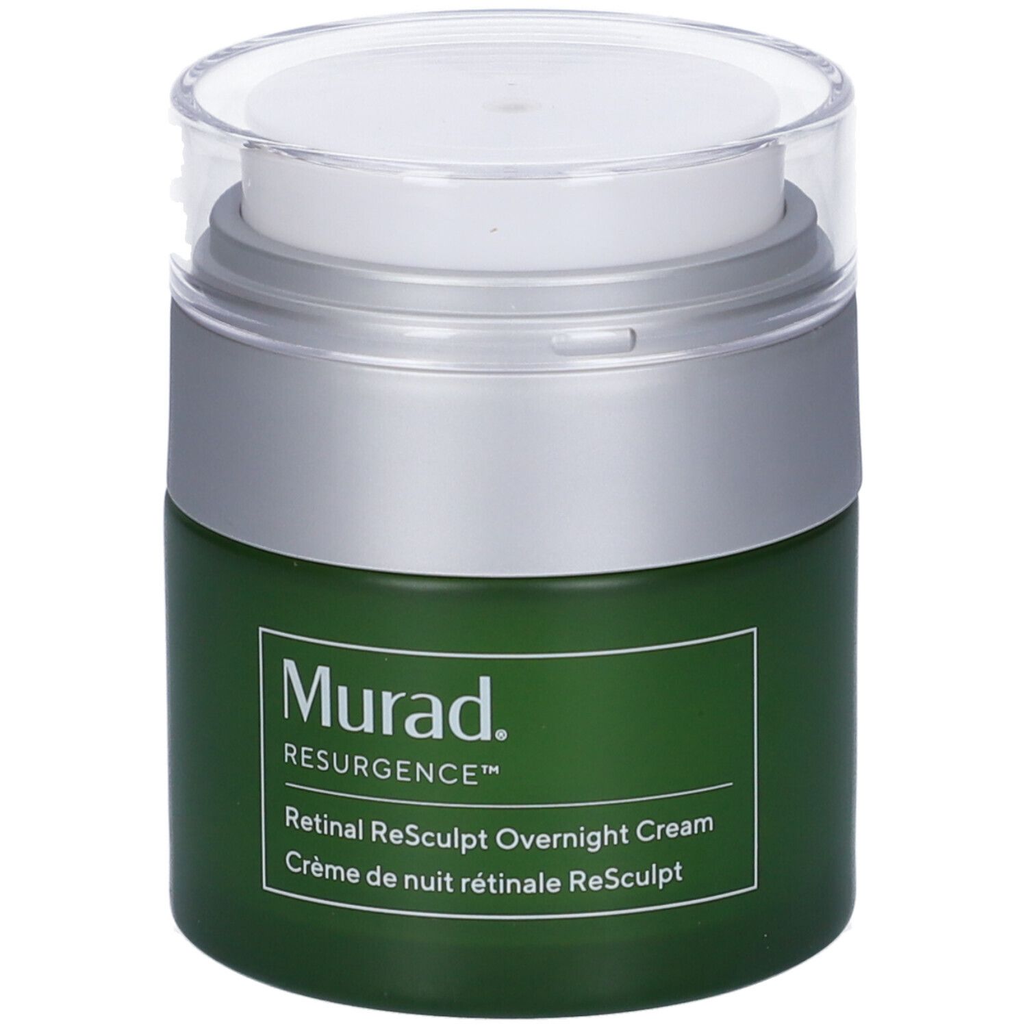Vaso di crema verde con coperchio argentato. Scritta: Murad Resurgence Retinal ReSculpt Overnight Cream.
