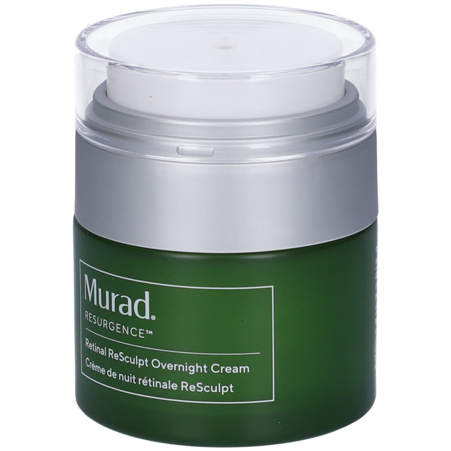 Vaso di crema verde con coperchio argentato. Scritta: Murad Resurgence Retinal ReSculpt Overnight Cream.