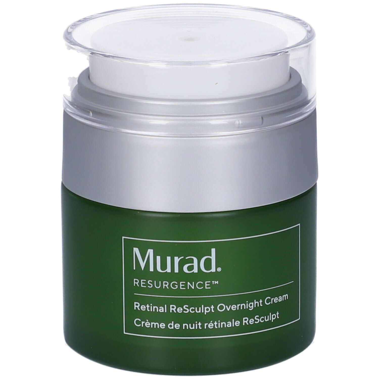 Vaso di crema verde con coperchio argentato. Scritta: Murad Resurgence Retinal ReSculpt Overnight Cream.