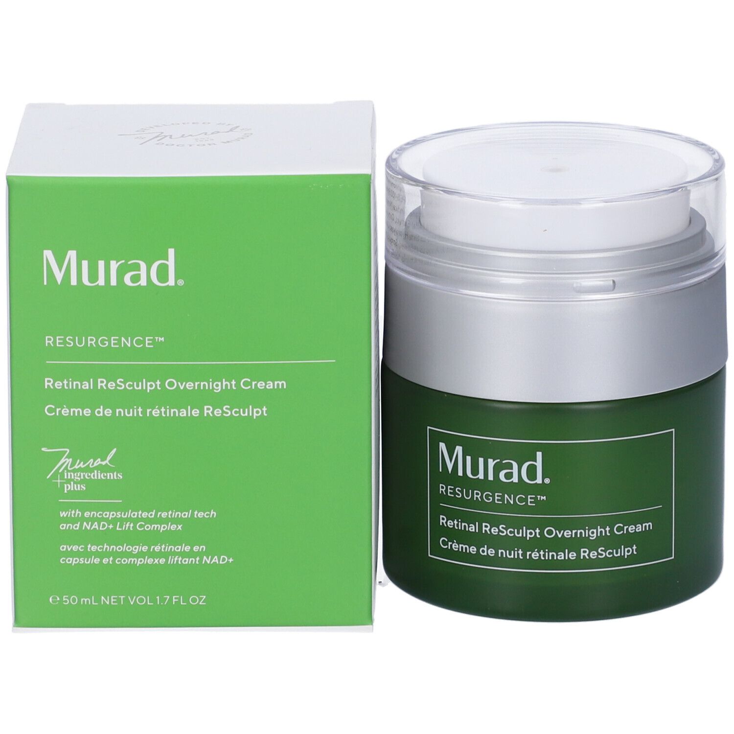 Scatola verde e vaso di crema. Scritta: Murad Resurgence Retinal ReSculpt Overnight Cream.