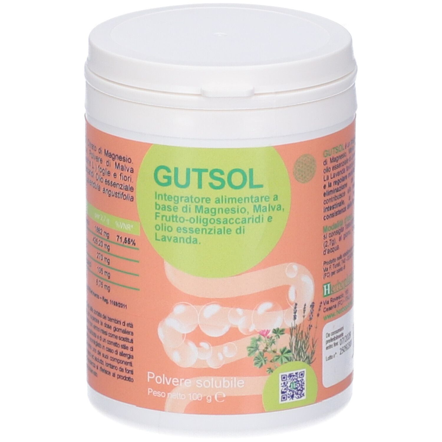 Contenitore bianco con stampe. Scritta GUTSOL. Etichetta con ingredienti e illustrazione dell'apparato digerente.