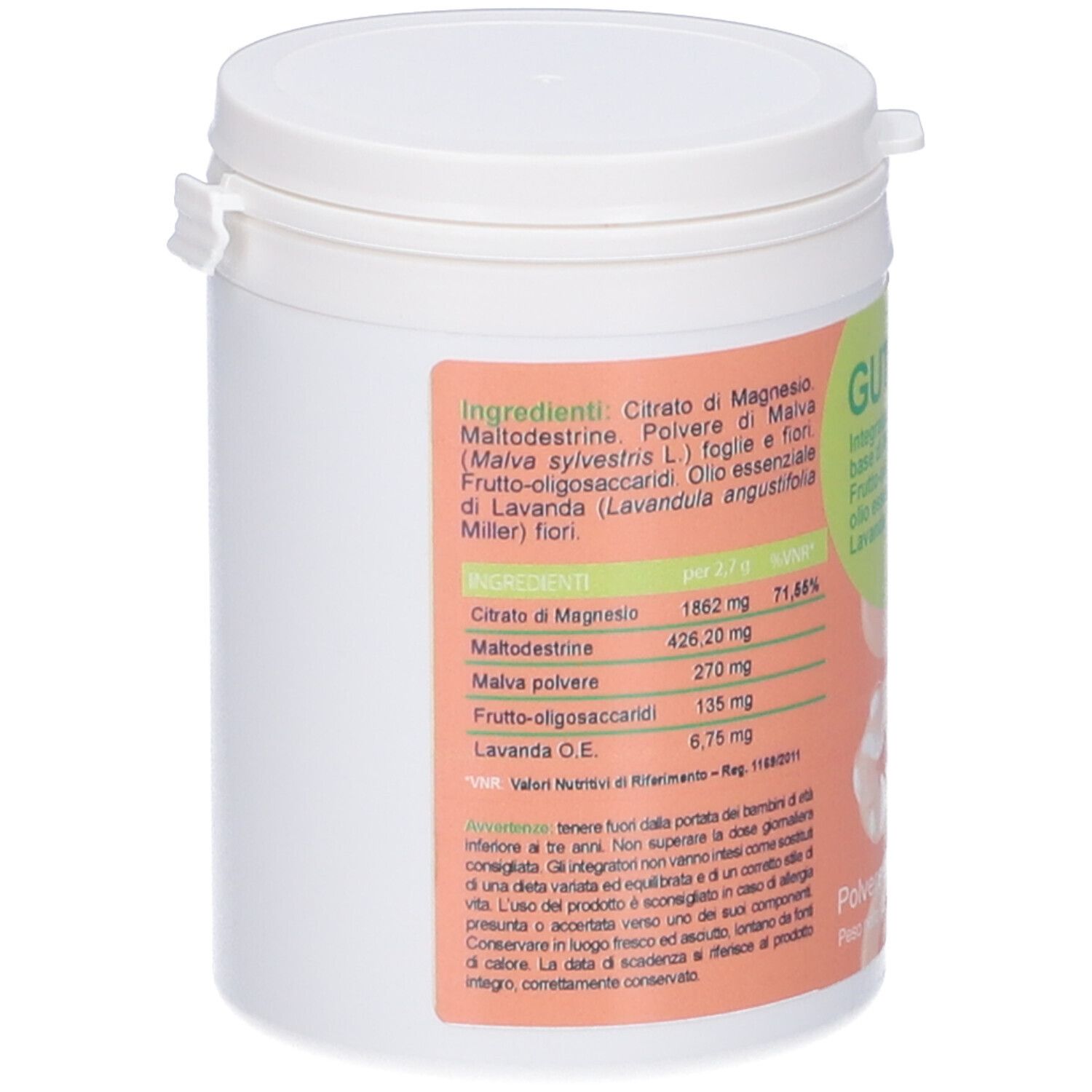 Contenitore bianco con stampe. Etichetta con ingredienti e valori nutrizionali. Informazioni del produttore.