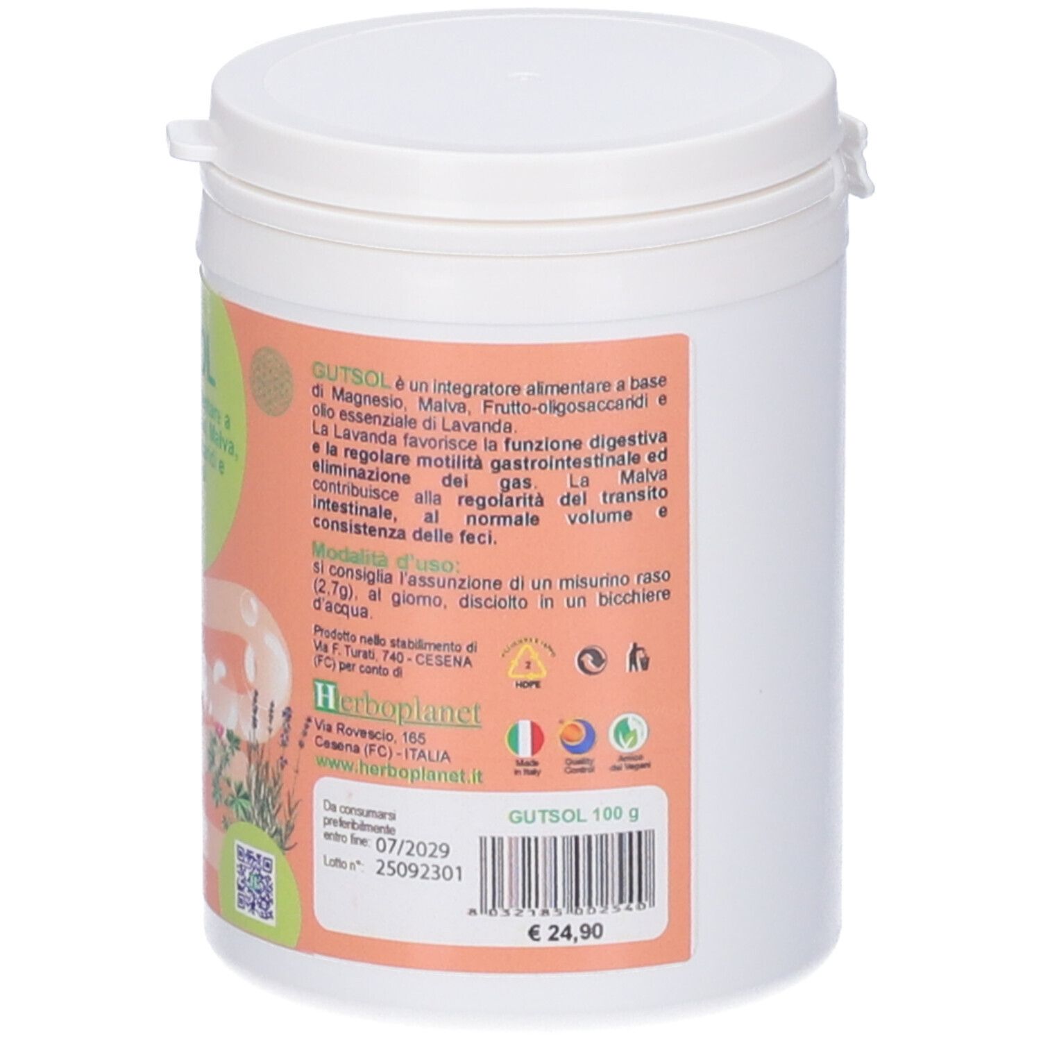 Contenitore bianco con stampe. Scritta GUTSOL 100 g. Etichetta con ingredienti e informazioni del produttore.