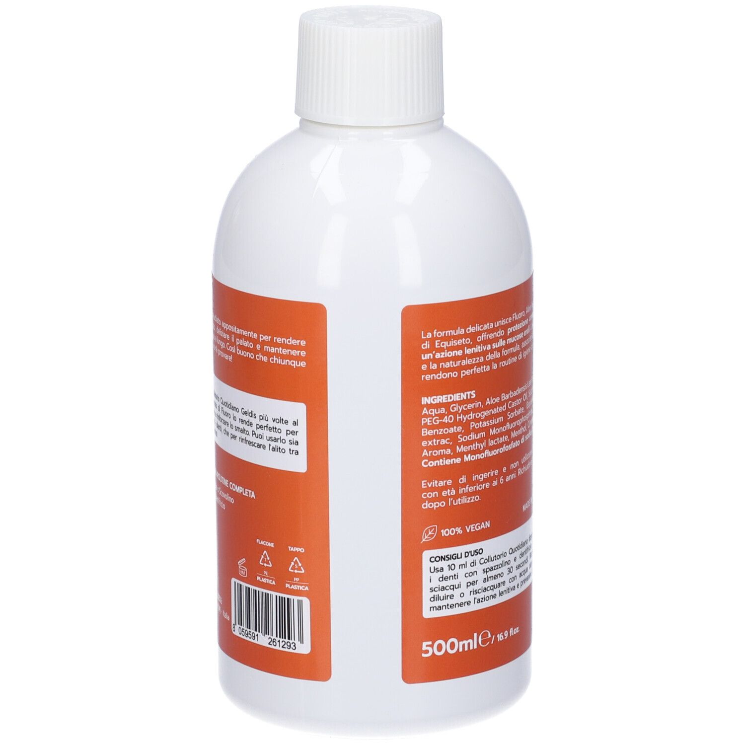 Retro del flacone bianco con etichetta arancione. Testo su ingredienti e utilizzo.