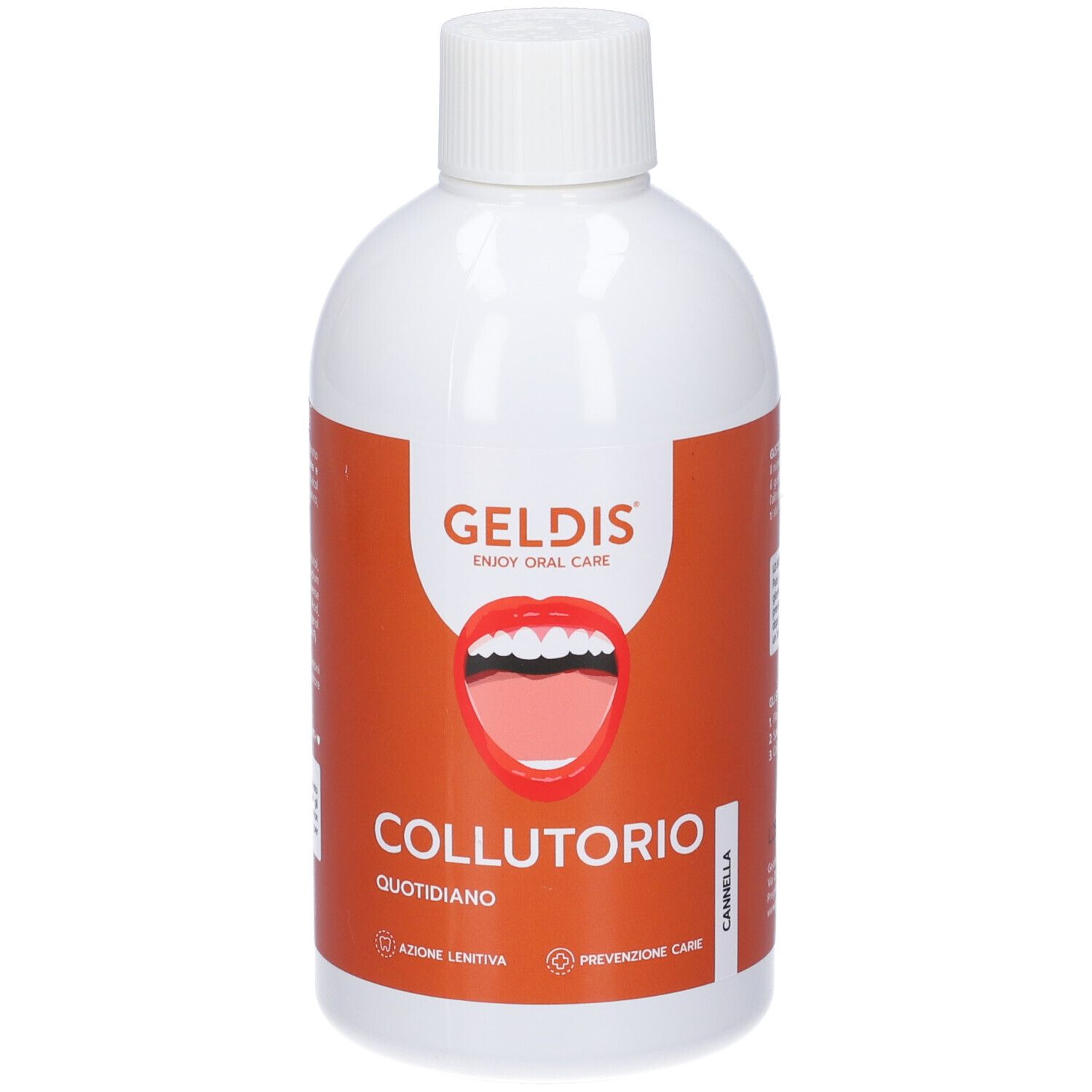 Flacone bianco con etichetta arancione. Scritta: GELDIS, COLLUTORIO QUOTIDIANO, illustrazione bocca.