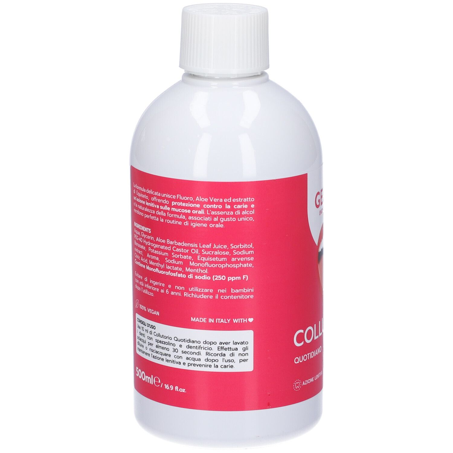 Retro del flacone bianco con etichetta rossa. Informazioni sul prodotto e ingredienti. Collutorio.