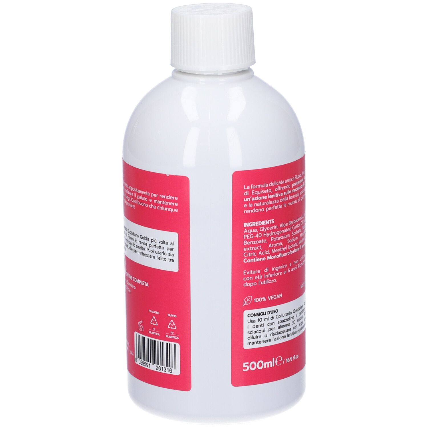 Retro del flacone bianco con etichetta rossa. Informazioni sul prodotto e ingredienti. Vegano.