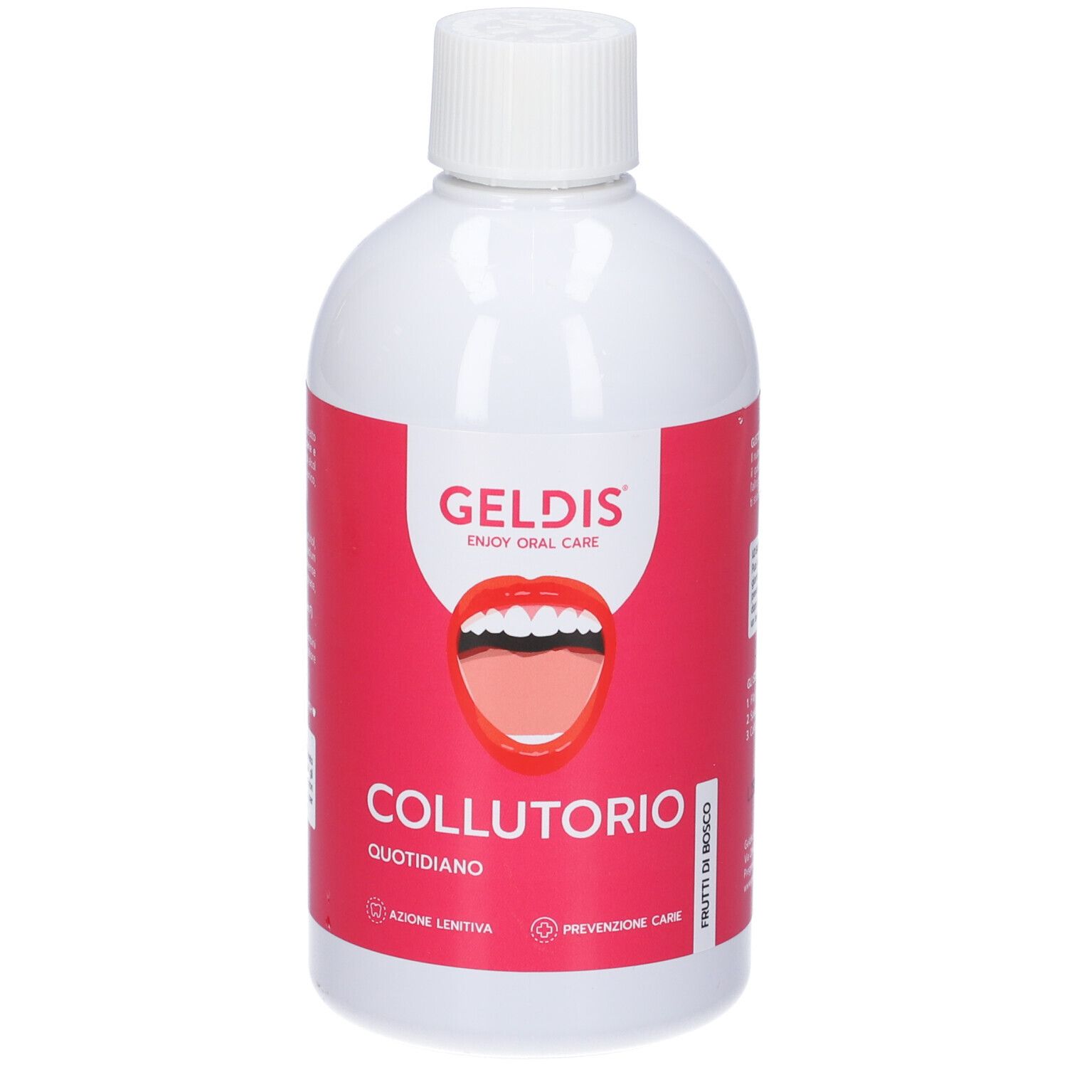 Flacone bianco con etichetta rossa. Geldis Collutorio Quotidiano ai Frutti di Bosco. Prodotto per l'igiene orale.