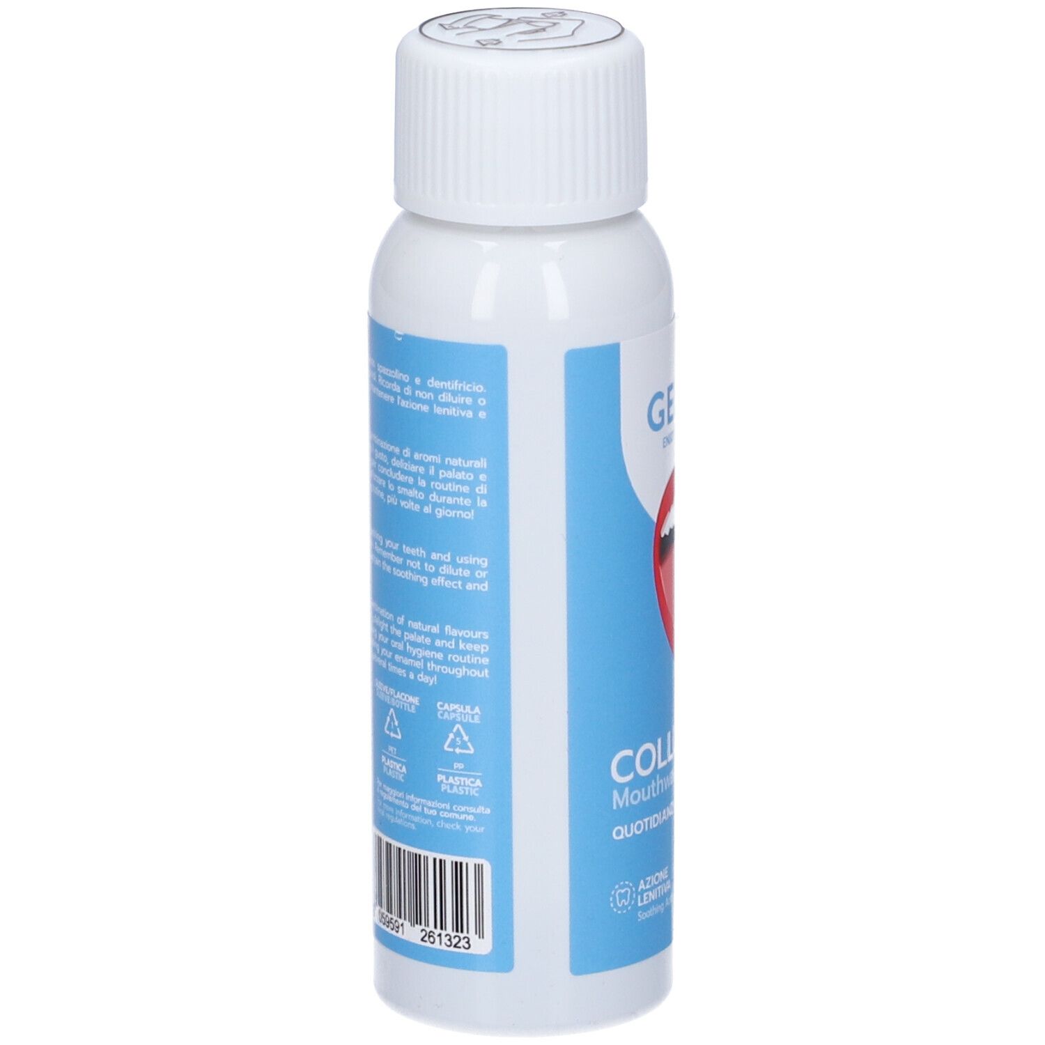 Vista posteriore del flacone bianco con etichetta blu. Testo in italiano. Tappo bianco.