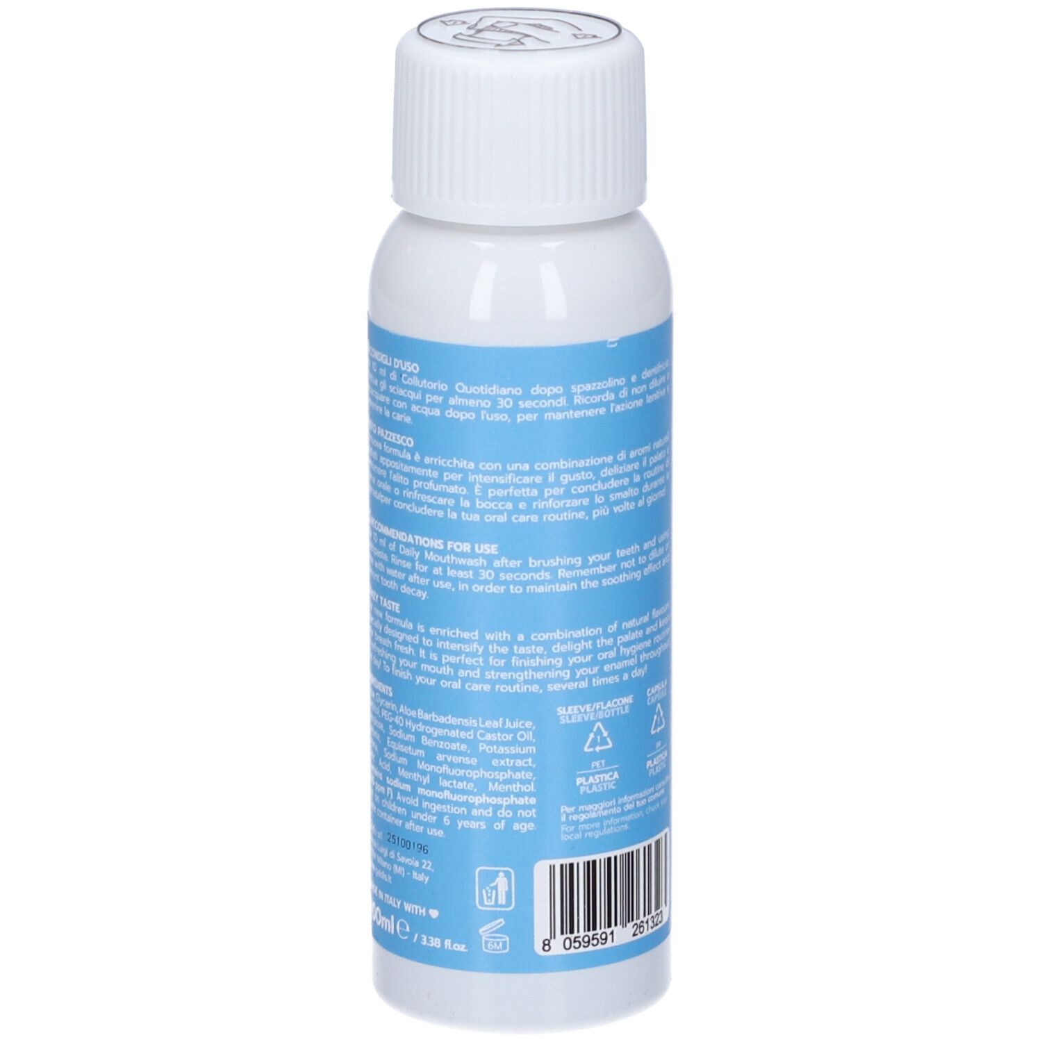 Vista posteriore del flacone bianco con etichetta blu. Testo in italiano e inglese. Tappo bianco.