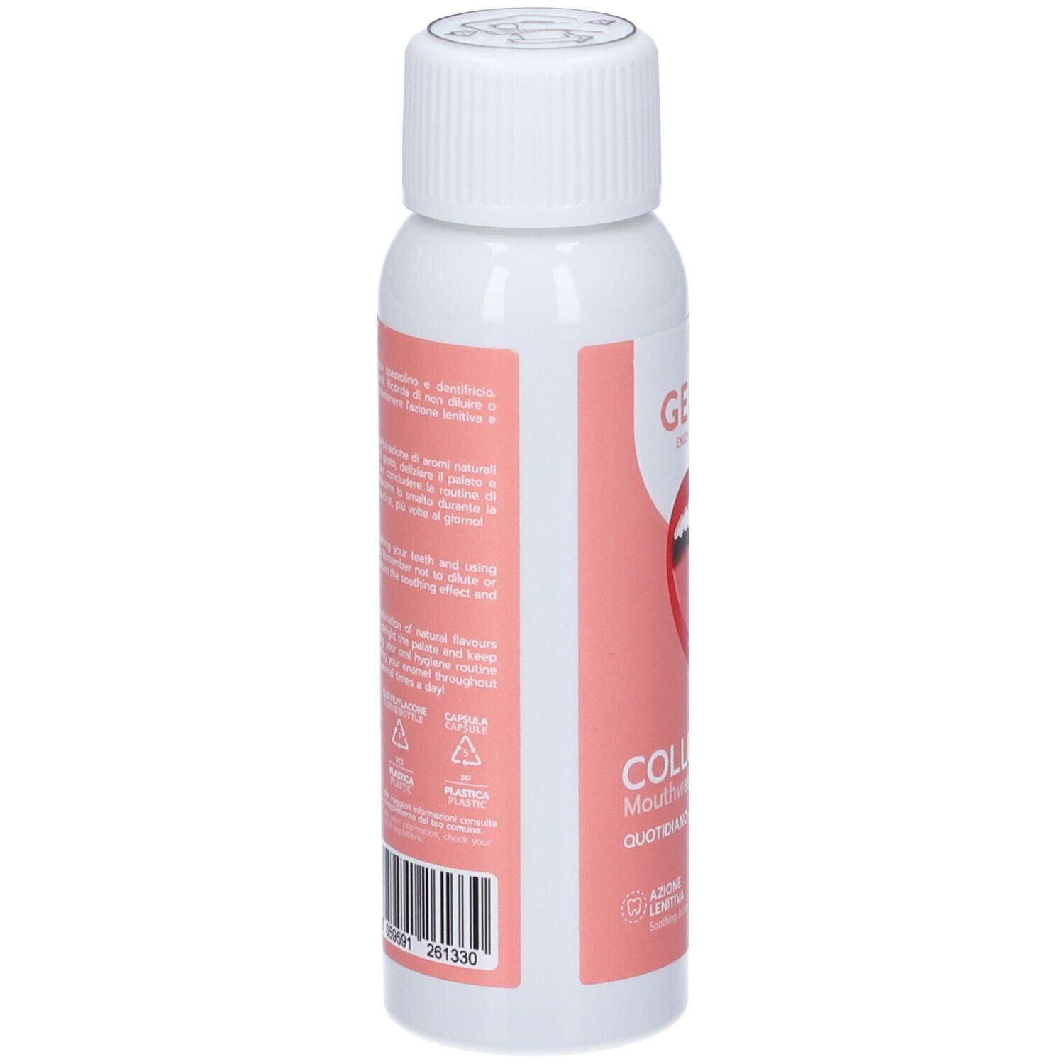 Vista posteriore del flacone bianco con etichetta rosa. Informazioni testuali e codice a barre.