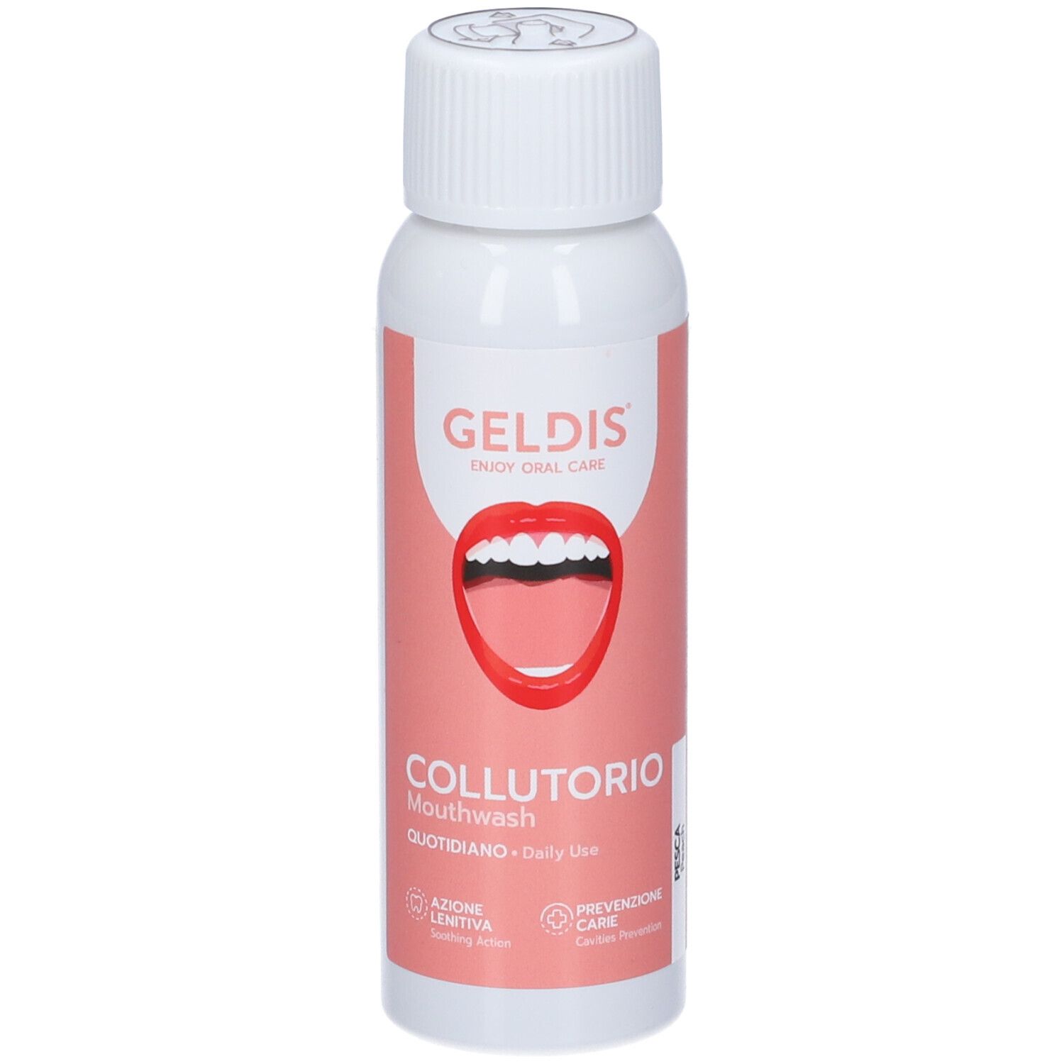 Flacone bianco con etichetta rosa. Scritta: GELDIS, COLLUTORIO, collutorio. Illustrazione di una bocca. Scritta: Pesca.
