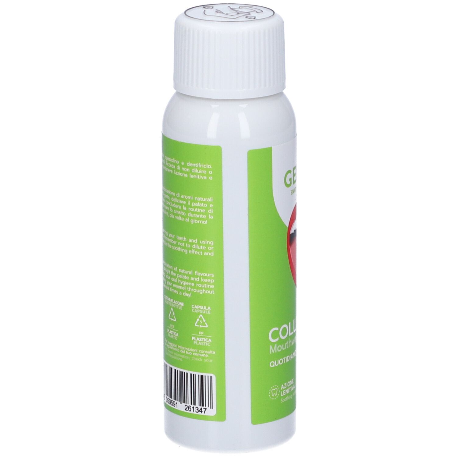 Retro del flacone bianco. Etichetta verde con testo. Codice a barre e simboli riciclo.