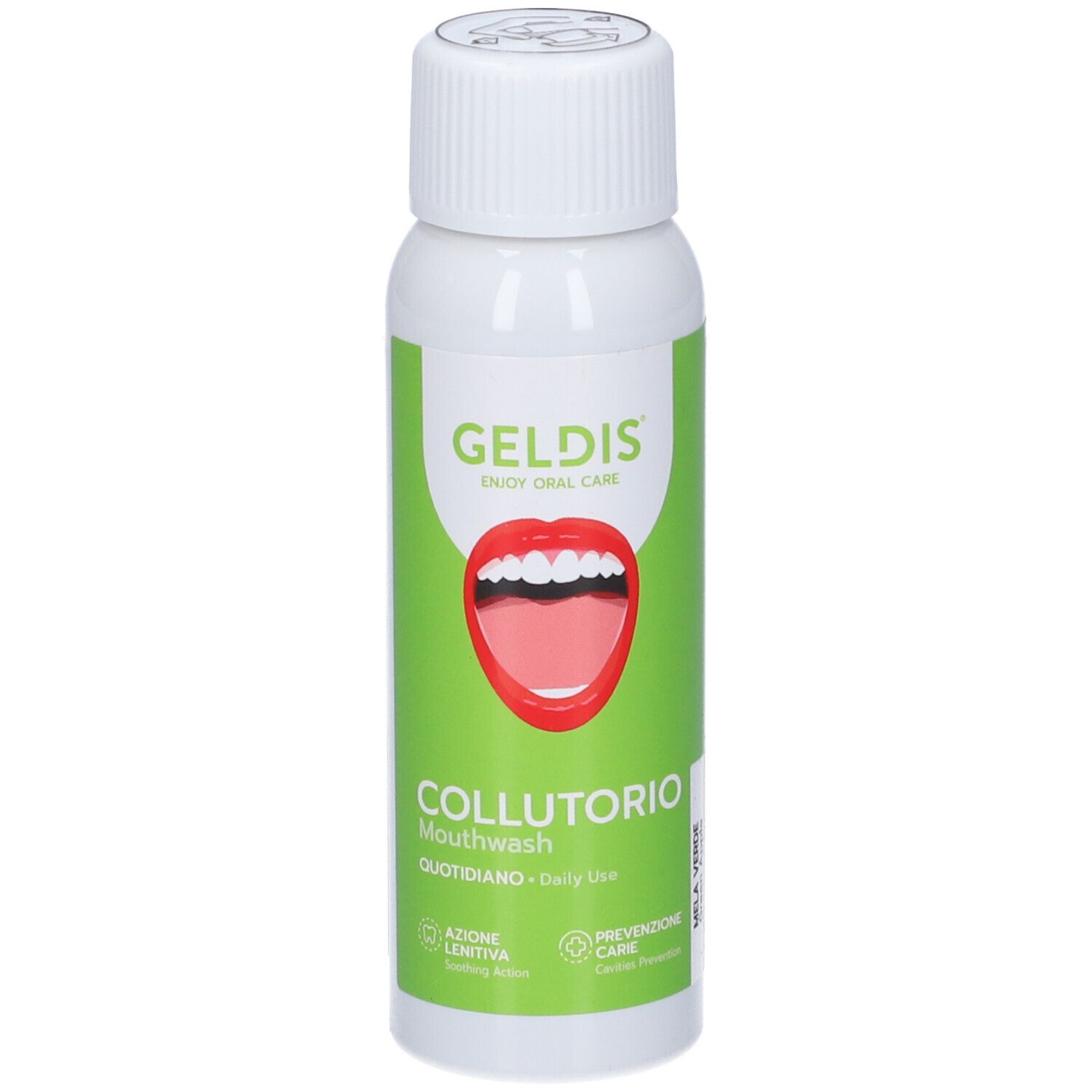 Flacone bianco con etichetta verde. Logo GELDIS e illustrazione bocca. Scritta COLLUTORIO.