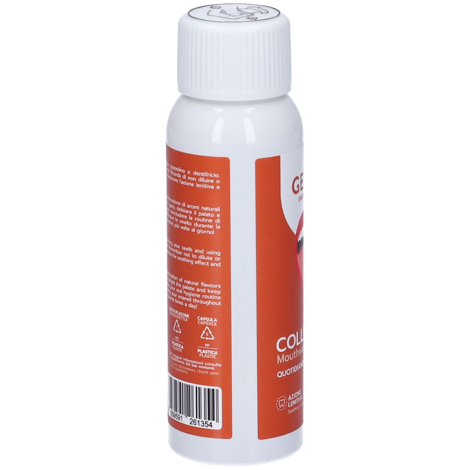 Vista posteriore del flacone bianco con etichetta rossa. Informazioni testuali e simboli di riciclaggio.