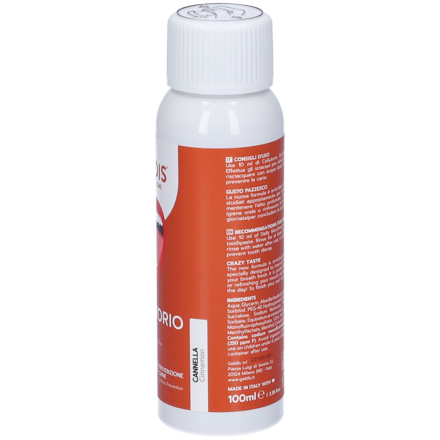 Vista posteriore del flacone bianco con etichetta rossa. Scritta: COLLUTORIO, Canella, 100ml. Ingredienti e istruzioni per l'uso.