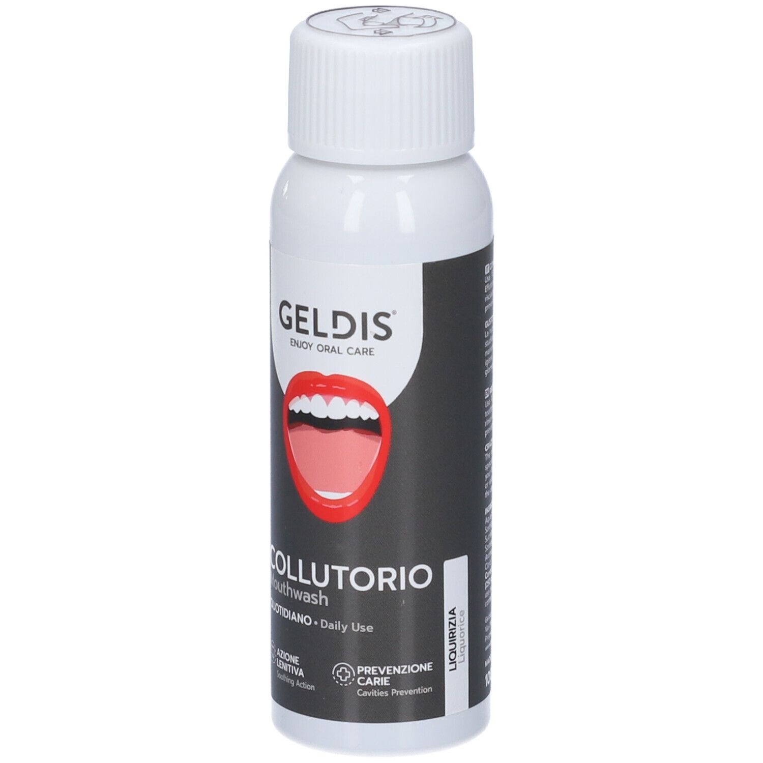Flacone bianco con etichetta nera. Logo GELDIS e illustrazione della bocca. Scritta COLLUTORIO. LIQUIRIZIA.