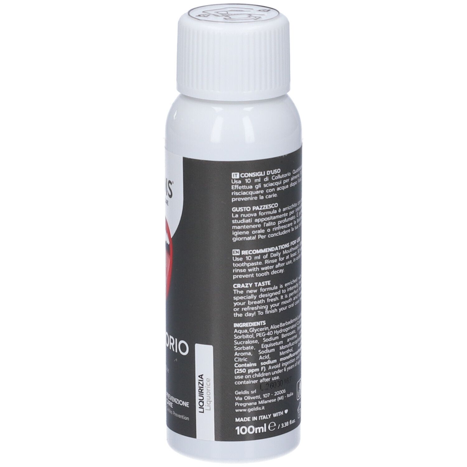 Flacone bianco, vista dettagliata. Etichetta nera con testo. Logo GELDIS. Gusto LIQUIRIZIA.