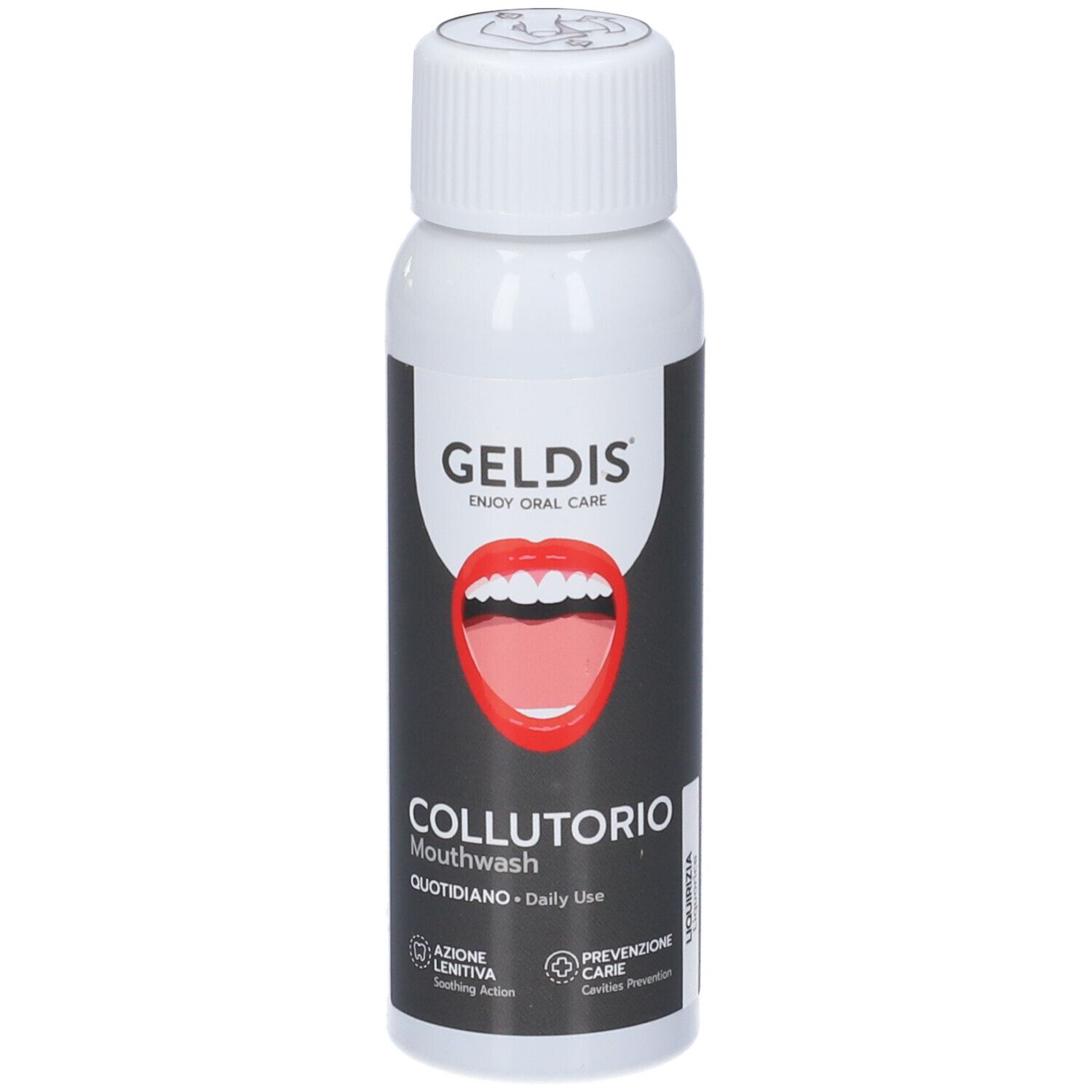 Flacone bianco con etichetta nera. Logo GELDIS e illustrazione della bocca. Scritta COLLUTORIO.
