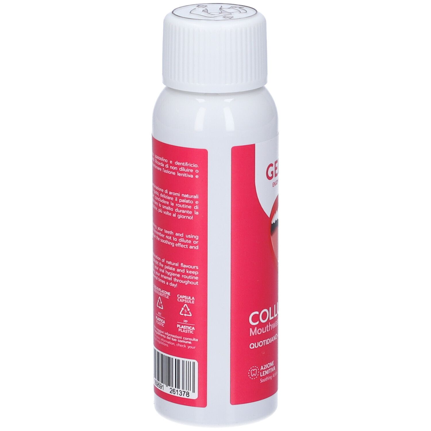 Retro del flacone bianco con etichetta rossa. Informazioni testuali e codice a barre. Simboli di riciclo della plastica.