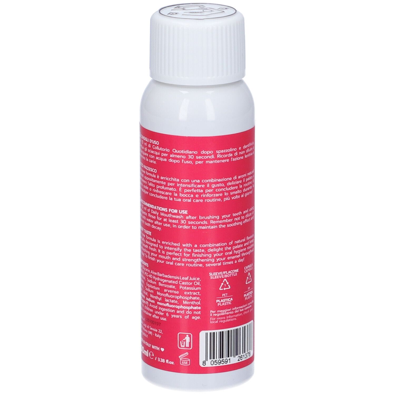 Retro del flacone bianco con etichetta rossa. Informazioni testuali, ingredienti e istruzioni per l'uso.