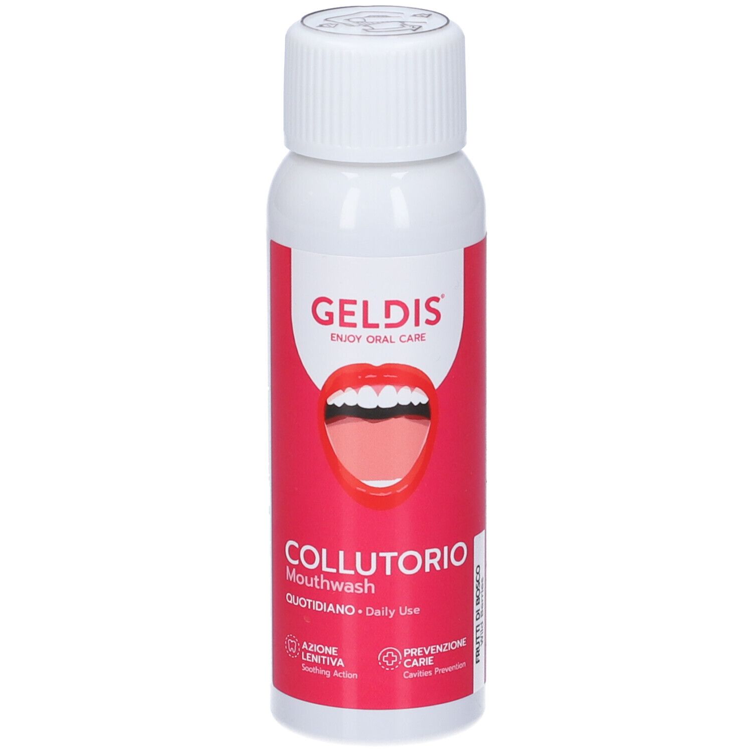 Flacone bianco con etichetta rossa. Scritta GELDIS, collutorio, uso quotidiano. Gusto: Frutti di bosco.