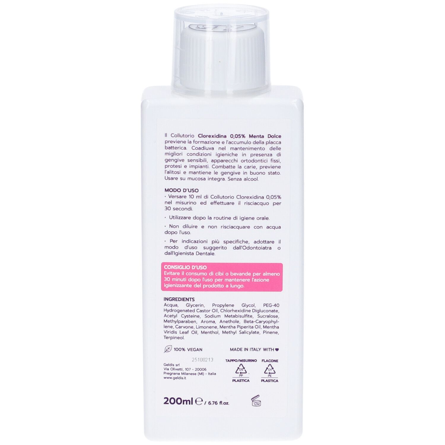 Retro del flacone bianco. Testo: Ingredienti, modo d'uso, 200ml. Logo vegano.