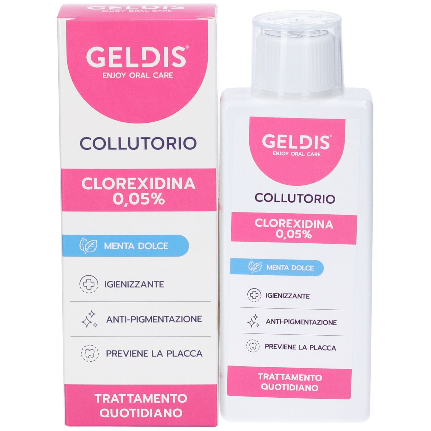 Confezione e flacone. Rosa e bianco. Testo: Geldis, Collutorio, Clorexidina 0,05%, Menta Dolce.