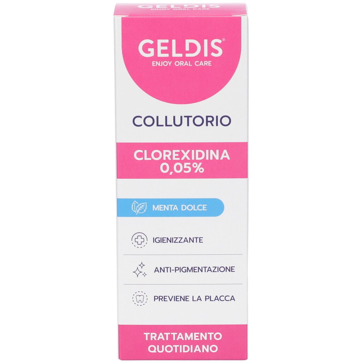 Confezione del prodotto. Rosa e bianco. Testo: Geldis, Collutorio, Clorexidina 0,05%, Menta Dolce.