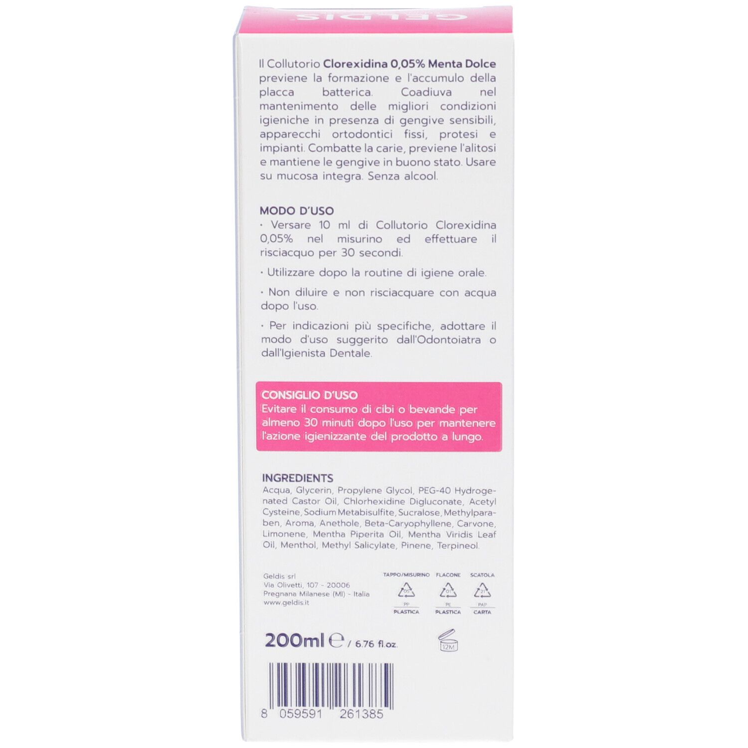 Retro della confezione. Testo: Uso, ingredienti, 200ml. Logo vegano.