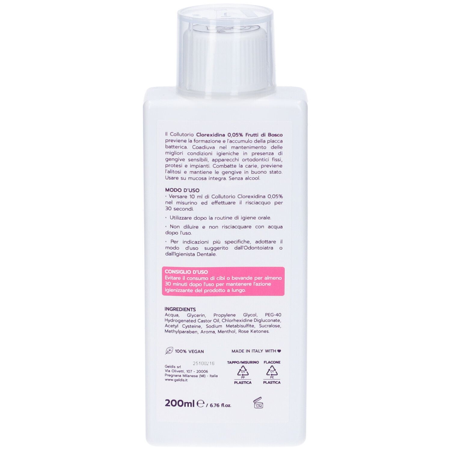 Retro del flacone. Testo: Ingredienti, 100% vegano, Made in Italy. 200ml.