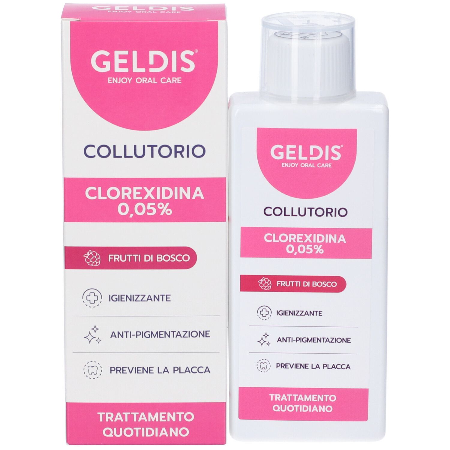Prodotto e confezione. Flacone e scatola. Testo: GELDIS, COLLUTORIO, Clorexidina 0,05%, Frutti di Bosco.