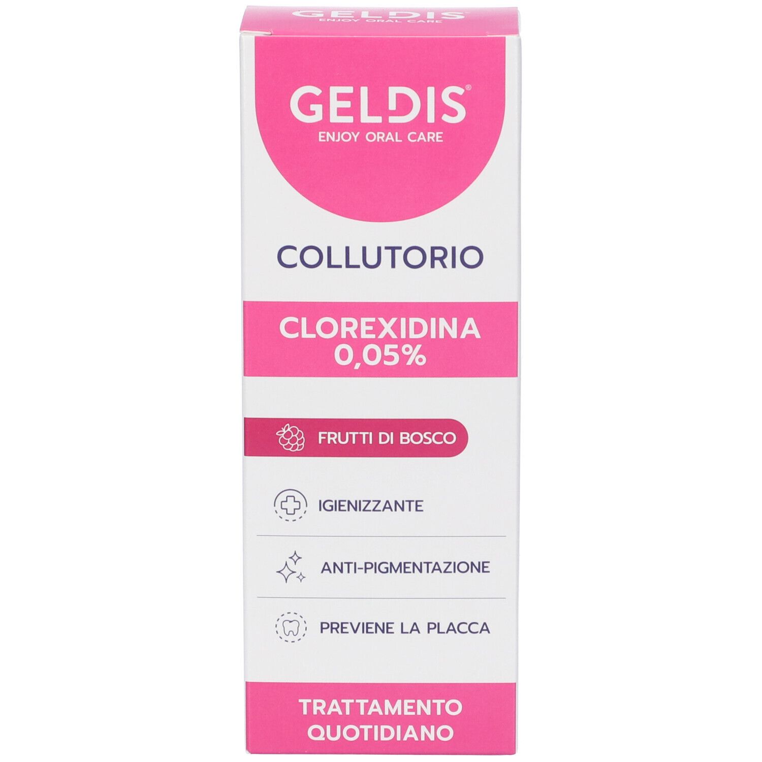Scatola. Testo: GELDIS, COLLUTORIO, Clorexidina 0,05%, Frutti di Bosco. Rosa e bianco.