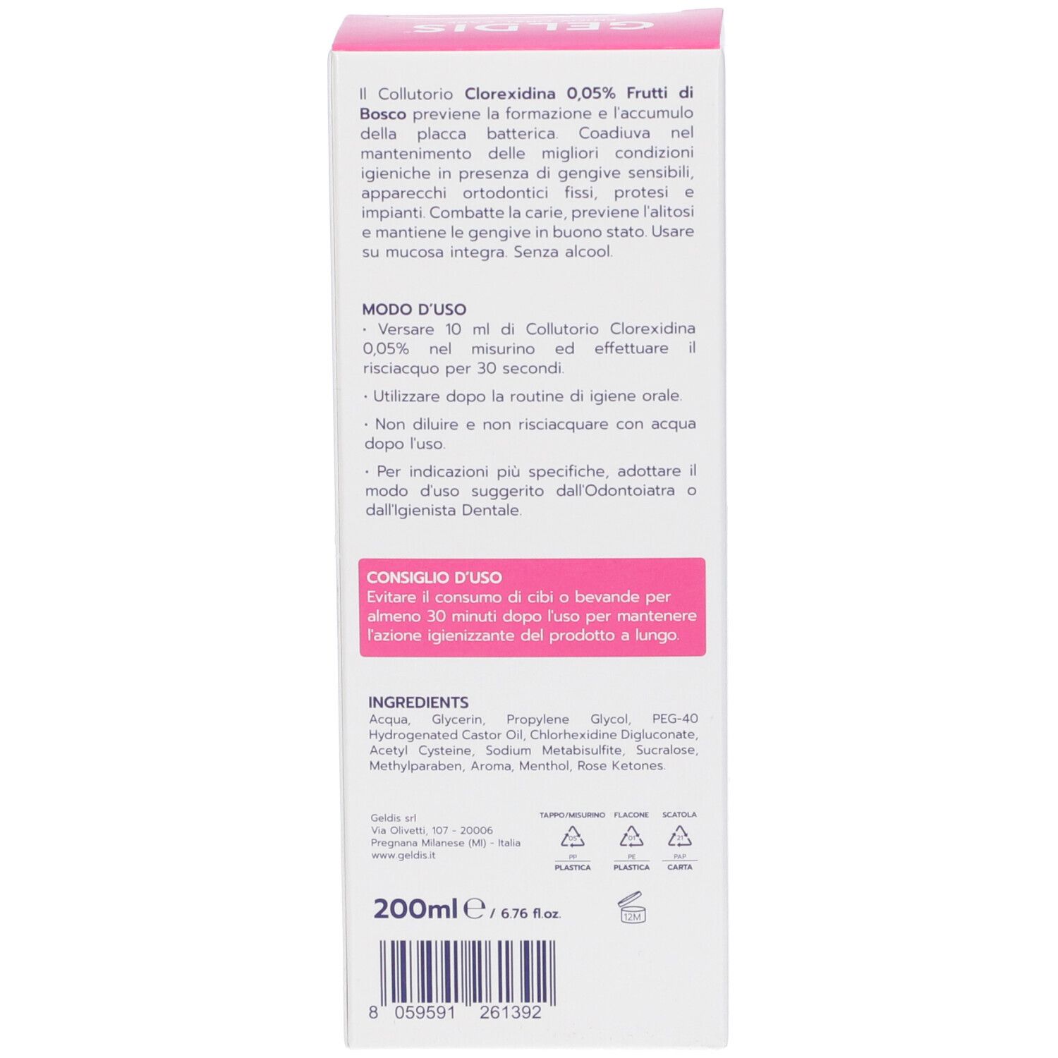 Retro della scatola. Testo: Ingredienti, 200ml, Made in Italy. Rosa e bianco.